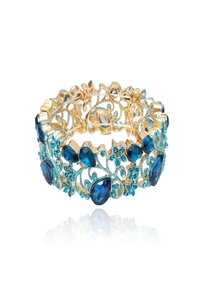 CSY Elegant Stretch Bangles Art Deco Statement Cuff Bangle Elastic Wide Bracelet Wedding Party Prom Jewelry for Women (Aquamarine-Gold tone) - Image 1
